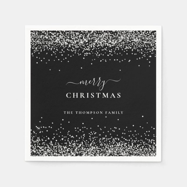 Silver Glitter Name Black Merry Christmas  Napkin (Front)