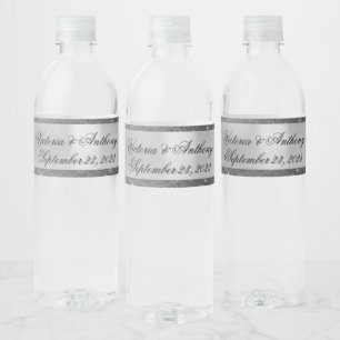 Silver Glitter Name Date Script Wedding Water Bottle Label