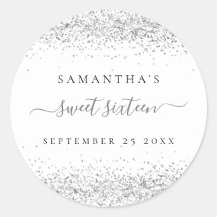 Silver Glitter Name Date Sweet Sixteen Party Classic Round Sticker