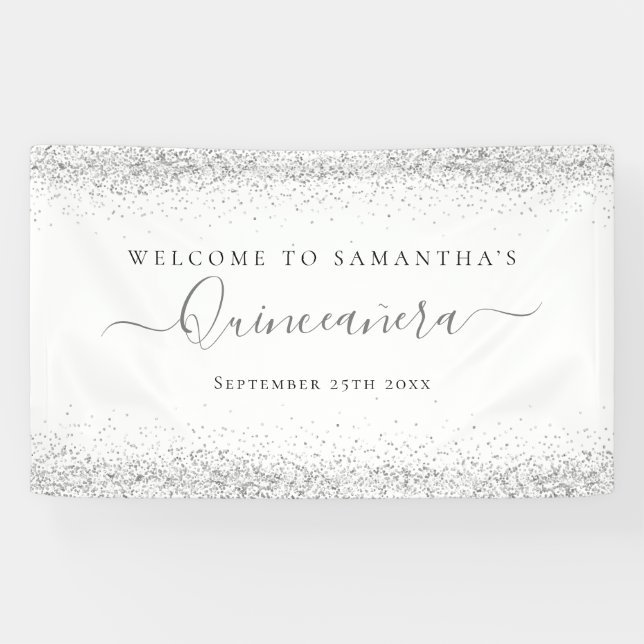 Silver Glitter Name Date Welcome to Quinceañera Banner (Horizontal)
