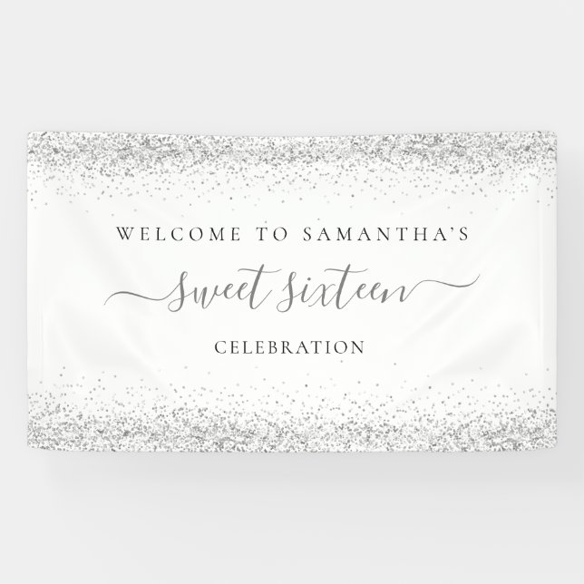 Silver Glitter Name Date Welcome to Sweet Sixteen  Banner (Horizontal)