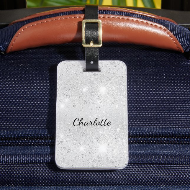 Silver glitter name glamourous luggage tag (Front Insitu 2)