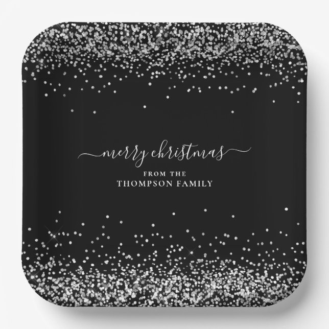 Silver Glitter Name Merry Christmas Black Paper Plate (Front)