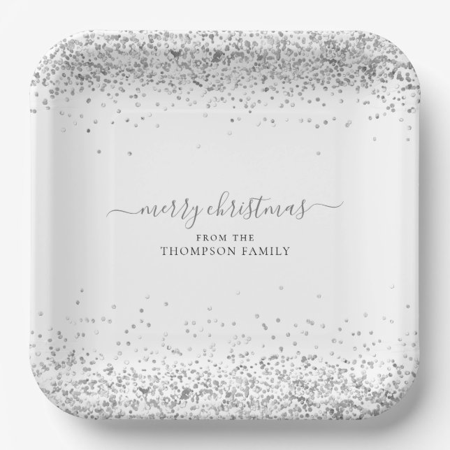 Silver Glitter Name Merry Christmas White Paper Plate (Front)