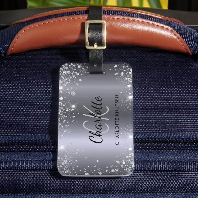 Silver glitter name monogram initials luggage tag (Front Insitu 2)