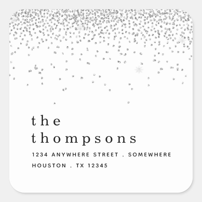 Silver Glitter Name Return Address Christmas Square Sticker (Front)