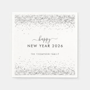 Silver Glitter Name White Happy New Year 2025 Napkin