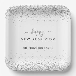 Silver Glitter Name White Happy New Year 2025 Paper Plate