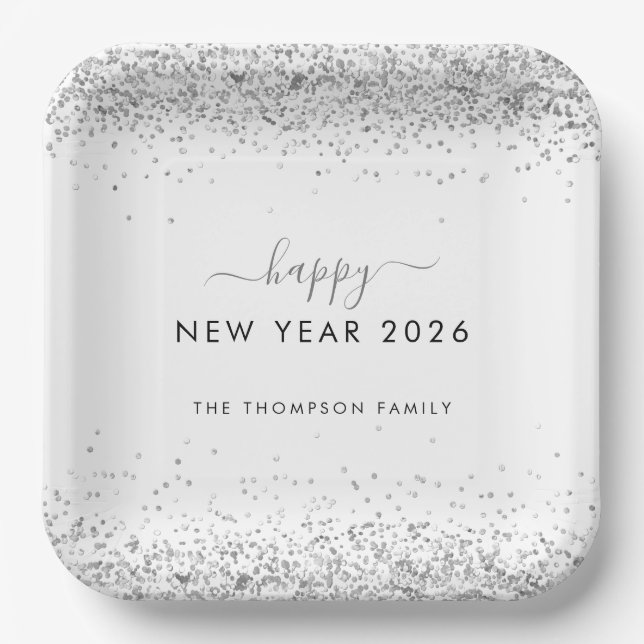 Silver Glitter Name White Happy New Year 2026 Paper Plate (Front)