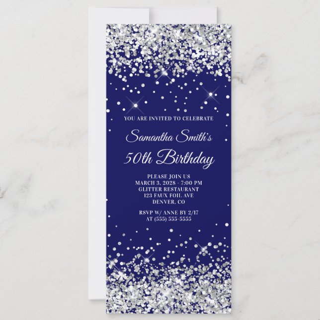 Silver Glitter Navy 50th Birthday Invitation (Front)