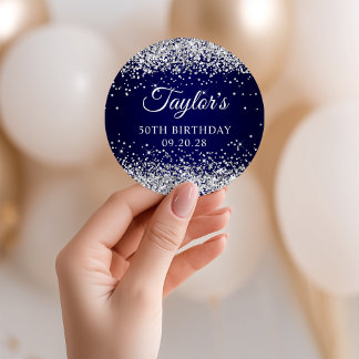Silver Glitter Navy Blue 50th Birthday Classic Round Sticker