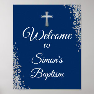 Silver Glitter Navy Blue Baptism Welcome Poster