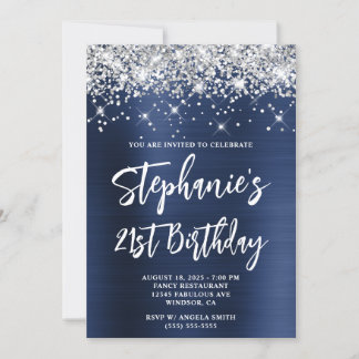 Silver Glitter Navy Blue Bold 21st Birthday Invitation