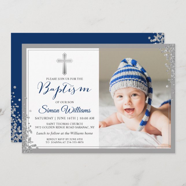 Silver Glitter Navy Blue Boy Baptism Photo Invitation (Front/Back)