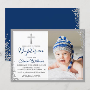 Silver Glitter Navy Blue Boy Baptism Photo Invitation