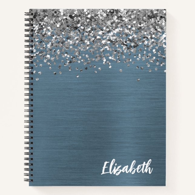 Silver Glitter Navy Blue Brushed Metal Monogram Notebook (Front)