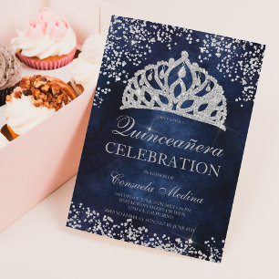 Silver glitter navy blue cement tiara Quinceañera Invitation
