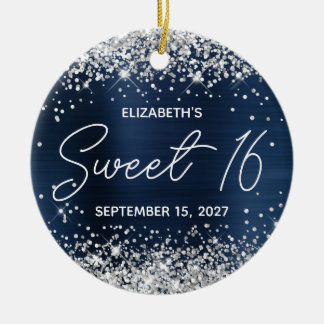 Silver Glitter Navy Blue Fancy Sweet 16 Photo Ceramic Tree Decoration