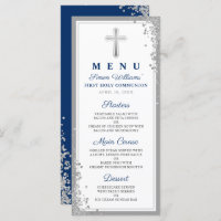 Silver Glitter Navy Blue First Communion Menu