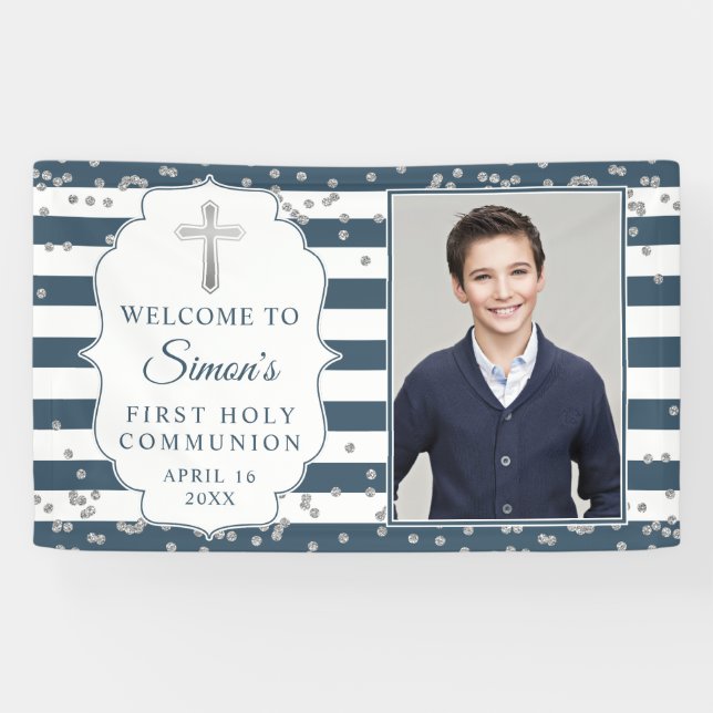 Silver Glitter Navy Blue First Communion Photo Banner (Horizontal)