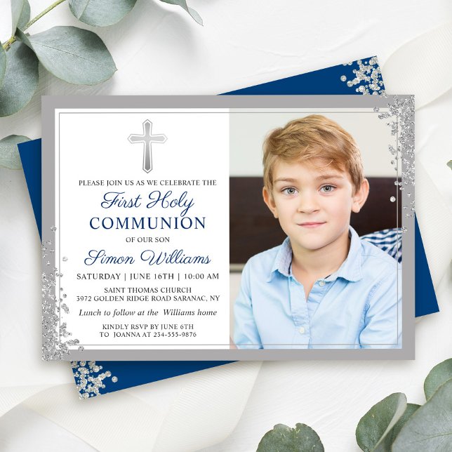 Silver Glitter Navy Blue First Communion Photo Invitation (Creator Uploaded)