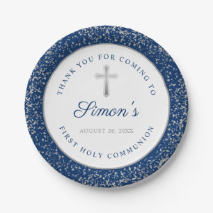 Silver Glitter Navy Blue First Holy Communion Paper Plate