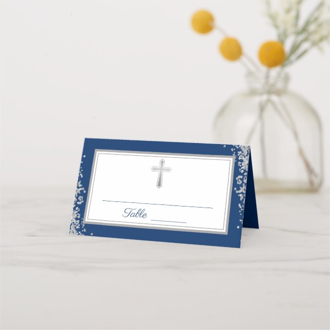 Silver Glitter Navy Blue First Holy Communion Place Card (Front)