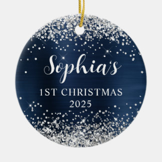 Silver Glitter Navy Blue Foil 1st Christmas Photo Ceramic Tree Decoration