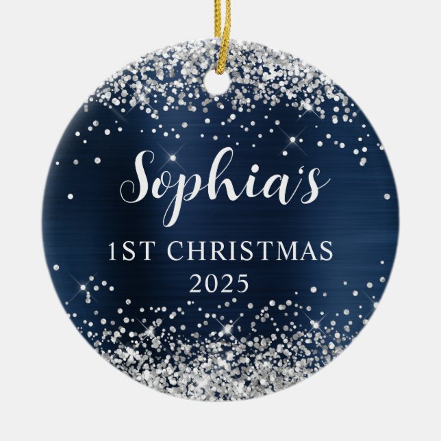 Silver Glitter Navy Blue Foil 1st Christmas Photo Ceramic Tree Decoration (Front)