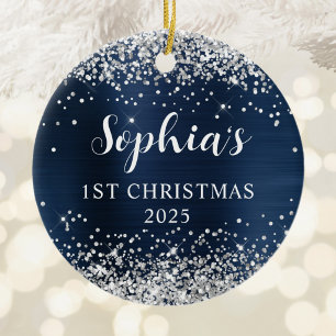 Silver Glitter Navy Blue Foil 1st Christmas Photo Ceramic Tree Decoration