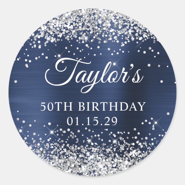 Silver Glitter Navy Blue Foil 50th Birthday Classic Round Sticker (Front)
