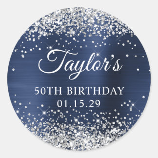 Silver Glitter Navy Blue Foil 50th Birthday Classic Round Sticker