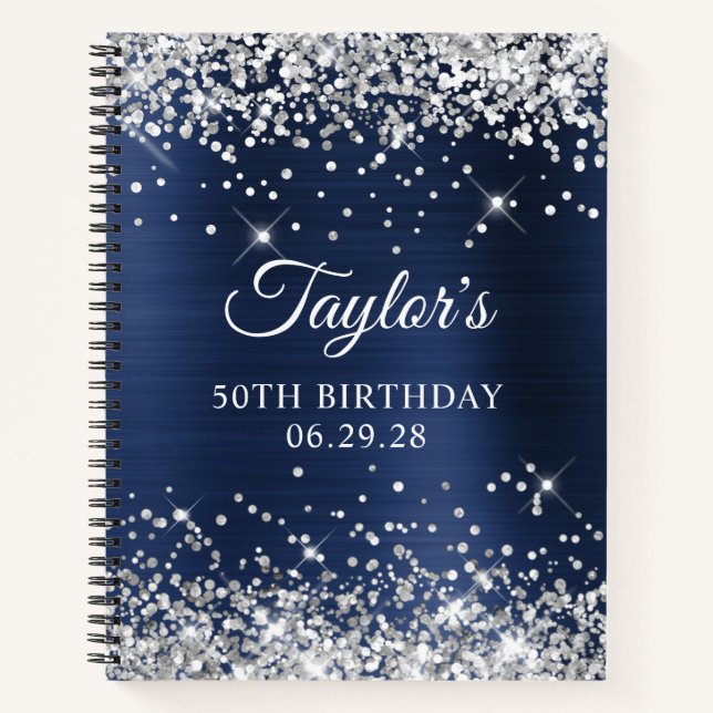 Silver Glitter Navy Blue Foil 50th Birthday Guest Notebook (Front)