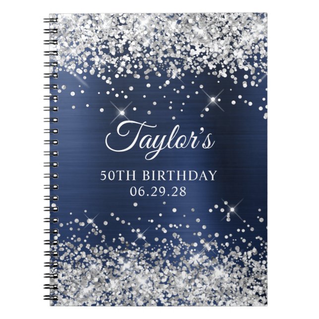 Silver Glitter Navy Blue Foil 50th Birthday Guest Notebook (Front)