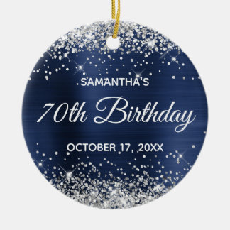 Silver Glitter Navy Blue Foil 70th Birthday Ceramic Tree Decoration