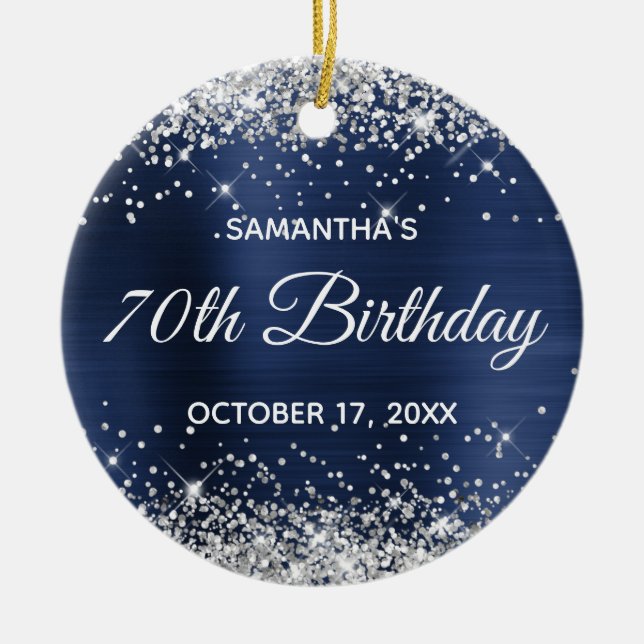 Silver Glitter Navy Blue Foil 70th Birthday Ceramic Tree Decoration (Front)