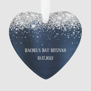 Silver Glitter Navy Blue Foil Bat Mitzvah Heart Ornament