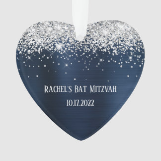 Silver Glitter Navy Blue Foil Bat Mitzvah Heart Ornament