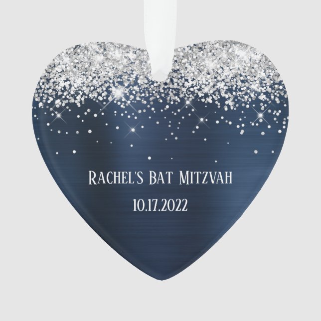 Silver Glitter Navy Blue Foil Bat Mitzvah Heart Ornament (Front)