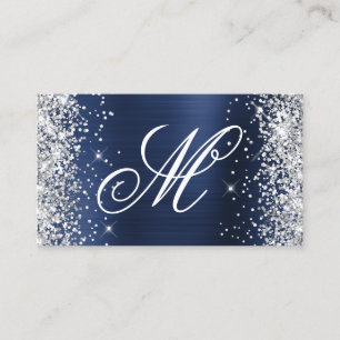 Silver Glitter Navy Blue Foil Fancy Monogrammed Business Card