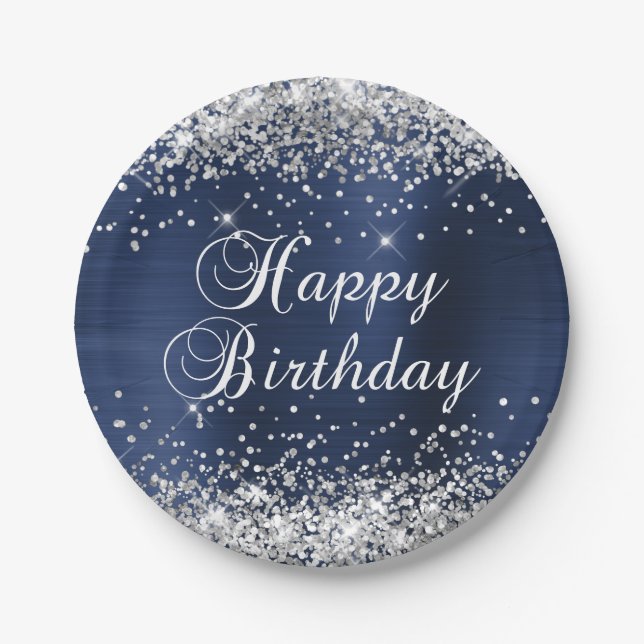 Silver Glitter Navy Blue Foil Happy Birthday Paper Plate (Front)