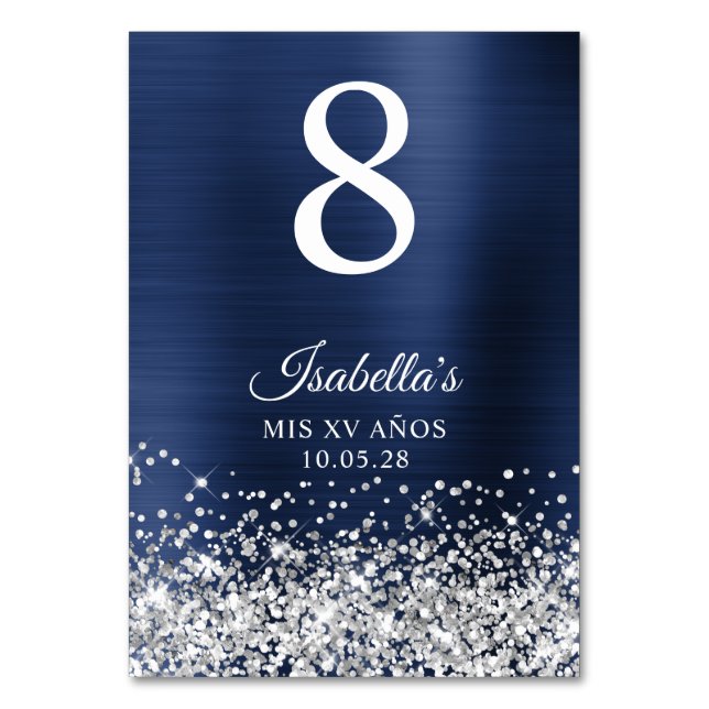 Silver Glitter Navy Blue Foil Mis XV Anos Table Number (Front)