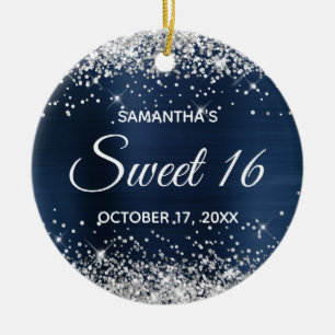 Silver Glitter Navy Blue Foil Sweet 16 Birthday Ceramic Tree Decoration