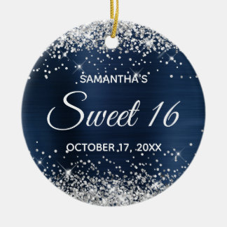 Silver Glitter Navy Blue Foil Sweet 16 Birthday Ceramic Tree Decoration