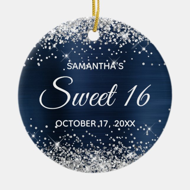 Silver Glitter Navy Blue Foil Sweet 16 Birthday Ceramic Tree Decoration (Front)