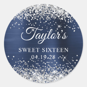 Silver Glitter Navy Blue Foil Sweet Sixteen Classic Round Sticker