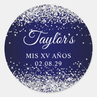Silver Glitter Navy Blue Mis XV Anos Classic Round Sticker