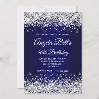 Silver Glitter Navy Blue Monogram 40th Birthday Invitation