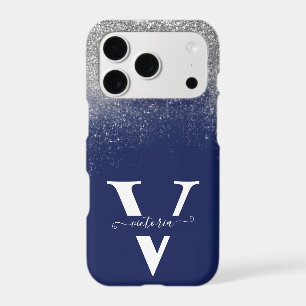 Silver Glitter Navy Blue Monogram Elegant Custom