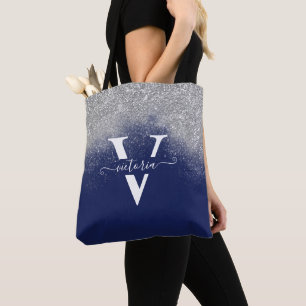 Silver Glitter Navy Blue Monogram Trendy Custom Tote Bag